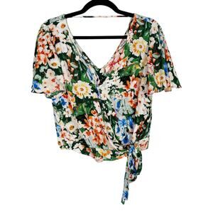 Zara Floral Cropped Wrap Side Tie Top Blouse Small S Green Orange Short Sleeve